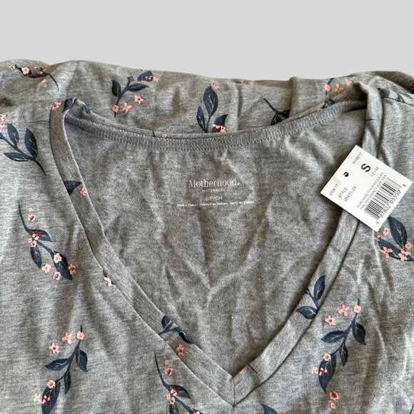 Motherhood Maternity Size Small NWT Gray Floral Ruched V-Neck T-Shirt - Picture 5 of 10